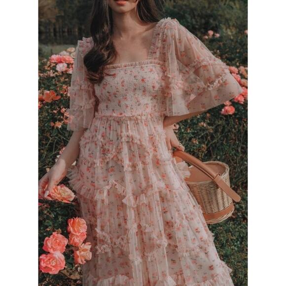 NEEDLE & THREAD Sz 2 Bijou Rose Smocked Maxi Dress Gown - Picture 12 of 13